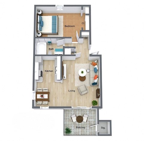 Floor plan for 1 bed, 1 bath, 635 sqft
